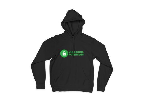A close-up of the front of a black hoodie featuring a colorful puzzle piece design. The puzzle pieces are arranged in a way that symbolizes unlocking the hidden potentials of individuals with autism. The vibrant colors of the puzzle pieces represent the diverse range of talents, abilities, and unique perspectives found within the autism community. The hoodie is made of soft, comfortable fabric and has a relaxed fit, perfect for everyday wear. A portion of the proceeds from each sale of this hoodie goes towards supporting autism research and initiatives, fostering a more inclusive and accepting society."