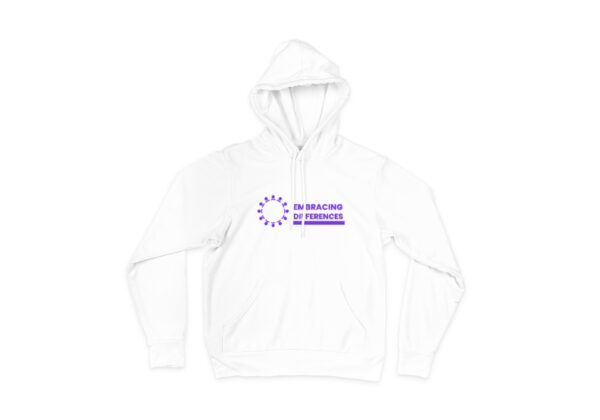 Front view of a white hoodie with a prominent design on the chest. The design consists of colorful puzzle pieces coming together, representing the theme of embracing differences. The puzzle pieces symbolize the unique strengths and perspectives found within the autism community. The hoodie is made from soft, breathable fabric and features a comfortable, relaxed fit. Purchasing this hoodie supports autism awareness and inclusivity.