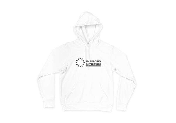 Front view of a white hoodie with a prominent design on the chest. The design consists of colorful puzzle pieces coming together, representing the theme of embracing differences. The puzzle pieces symbolize the unique strengths and perspectives found within the autism community. The hoodie is made from soft, breathable fabric and features a comfortable, relaxed fit. Purchasing this hoodie supports autism awareness and inclusivity.