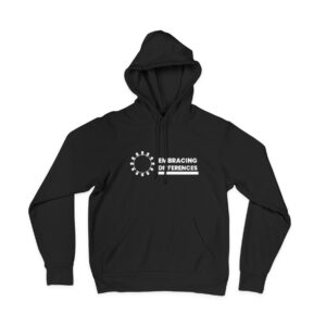 Front view of a black hoodie featuring a vibrant design on the front. The design showcases a pattern of colorful puzzle pieces coming together, symbolizing the acceptance and celebration of differences. The hoodie is made of high-quality fabric, ensuring warmth and comfort. By purchasing this hoodie, you contribute to raising autism awareness and fostering inclusivity in society.