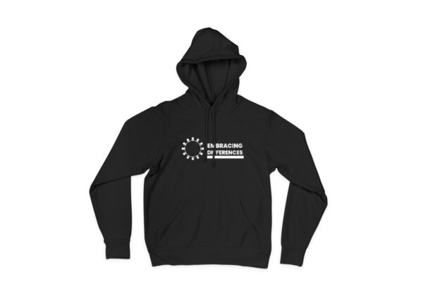Front view of a black hoodie featuring a vibrant design on the front. The design showcases a pattern of colorful puzzle pieces coming together, symbolizing the acceptance and celebration of differences. The hoodie is made of high-quality fabric, ensuring warmth and comfort. By purchasing this hoodie, you contribute to raising autism awareness and fostering inclusivity in society.