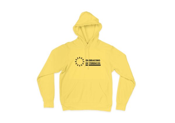 Front view of a yellow hoodie with an eye-catching design on the chest. The design features a mosaic of colorful puzzle pieces, representing the beauty of diversity within the autism community. The hoodie is crafted from soft, lightweight fabric and offers a relaxed fit. Your purchase of this hoodie supports autism-related initiatives, helping to create a more inclusive and understanding world.