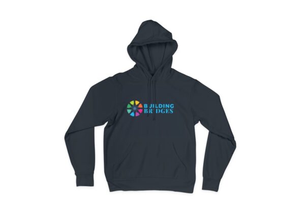 Front view of a black hoodie showcasing a meaningful design on the chest. The design depicts two hands coming together to form a bridge, representing the unity and connection fostered by embracing autism. The hoodie is made from premium fabric, providing a cozy and stylish fit. By choosing this hoodie, you contribute to spreading autism awareness and supporting a more inclusive society.