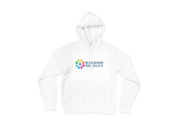 Front view of a white hoodie with a powerful design on the chest. The design features two hands reaching out towards each other, forming a bridge. This symbolizes the importance of building bridges of understanding and acceptance for individuals with autism. The hoodie is made of soft, high-quality fabric, ensuring comfort and warmth. Purchasing this hoodie supports autism awareness and promotes inclusivity.