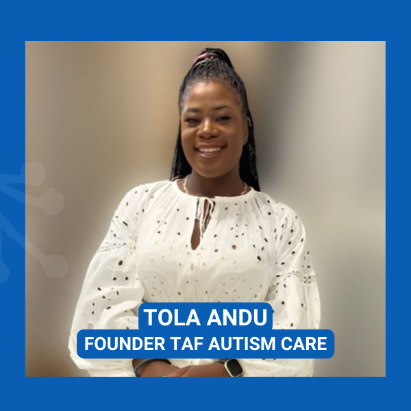 Image of a smiling woman named Tola, who is the founder of TAF Autism Care, an NGO that provides support and resources to African families with autism children. Tola is a passionate advocate for autism awareness and acceptance, and she is dedicated to helping families affected by autism thrive.